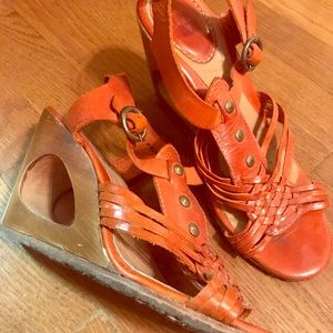 Frye, size 8, burnt orange wedge sandals